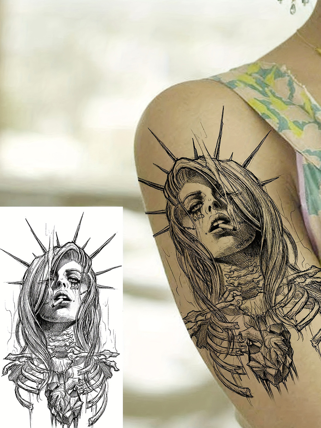 Dark Girl Sketch Temporary Tattoo